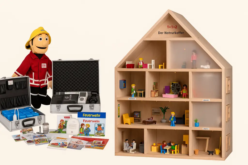 Brandschutzkoffer-Set mit Notrufkoffer und Brandschutzhaus für die Kinderfeuerwehr Etzelskirchen